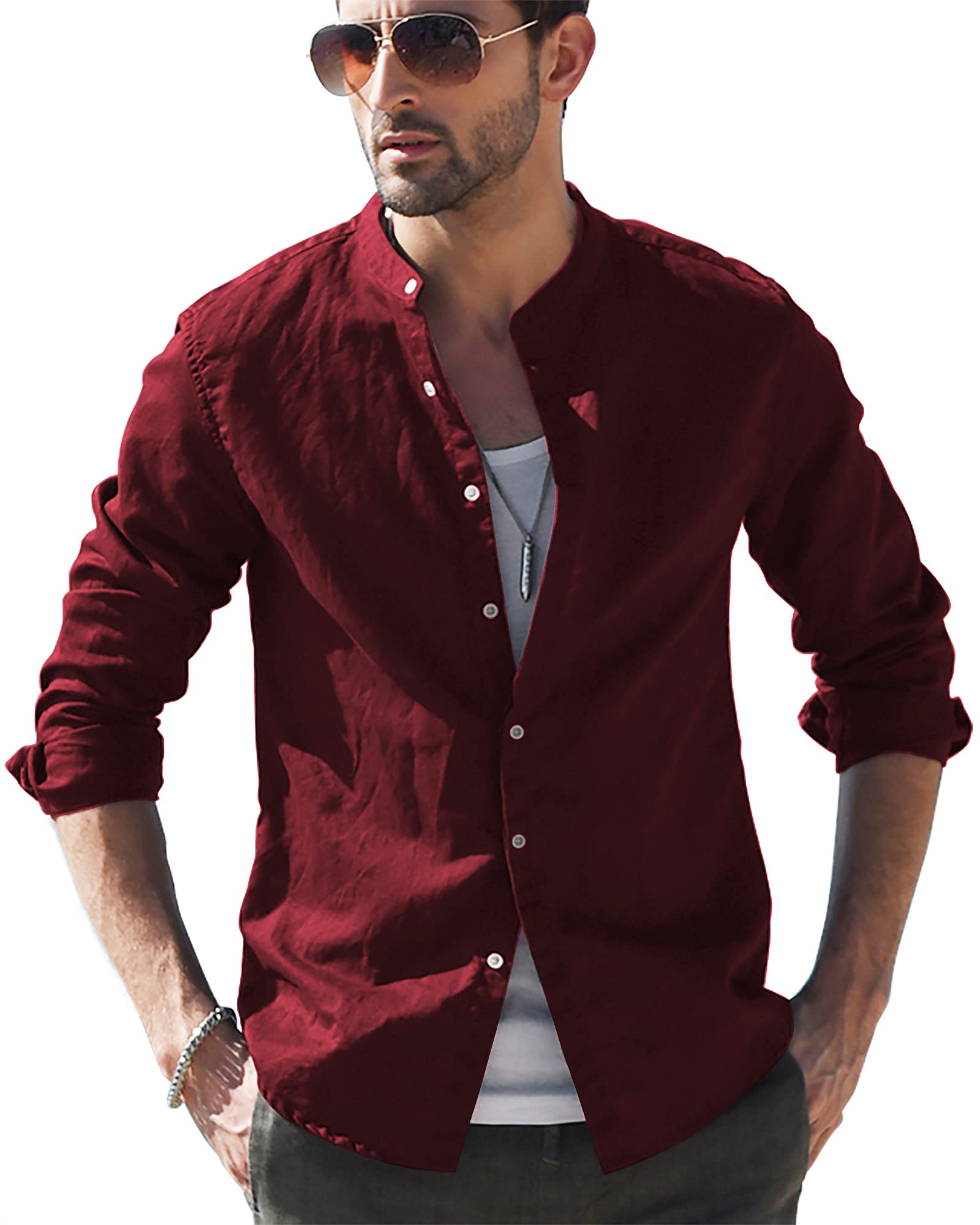 LVCBL Hemd Herren Langarm Henley Sommerhemd Herren Freizeithemd Leinenhemd Regular Fit Men Shirts