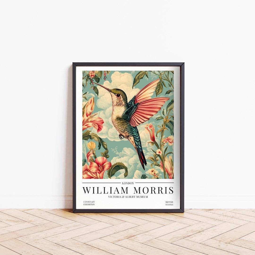 William Morris Hummingbird Print, William Morris Exhibition Poster, Vintage Botanical Wall Art, Art Nouveau Home Decor, Framed Print, Aesthetic Living Room Decor (A4 - PRINT (Unframed))