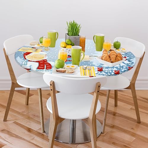 Miniatura 7 de Mantel redondo ajustable con mantel elástico redondo elástico muñeco de nieve y pájaros de Navidad, mantel circular, impermeable, lavable, se adapta