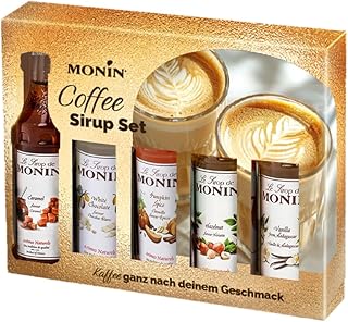 Monin Kaffee Sirup Geschenkset 5×5cl | Weiße Schokolade, Karamell, Haselnuss, Pumpkin Spice, Vanille | Aromasirup Set