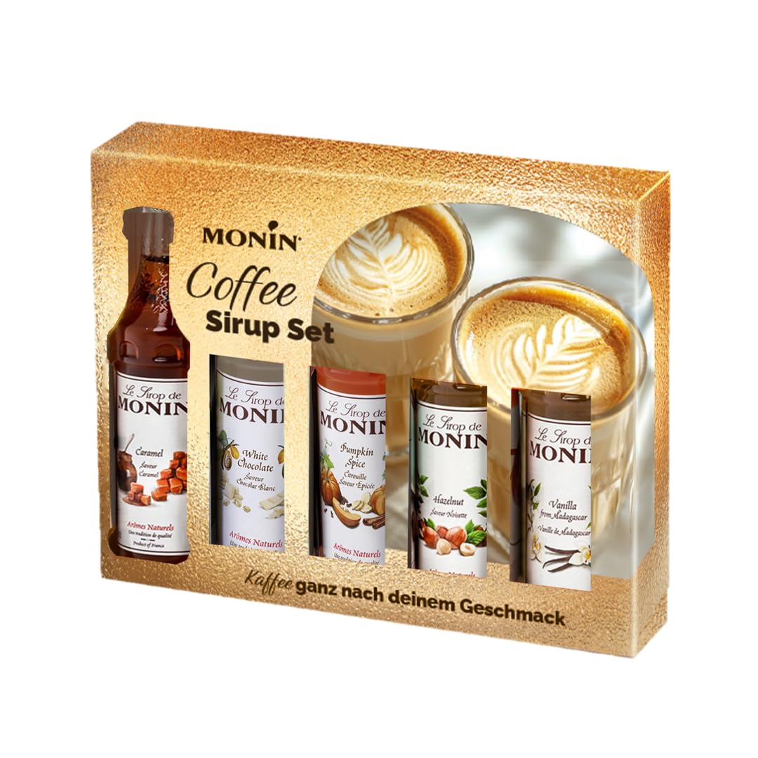 Monin Kaffee Sirup Geschenkset 5×5cl | Weiße Schokolade, Karamell, Haselnuss, Pumpkin Spice, Vanille | Aromasirup Set