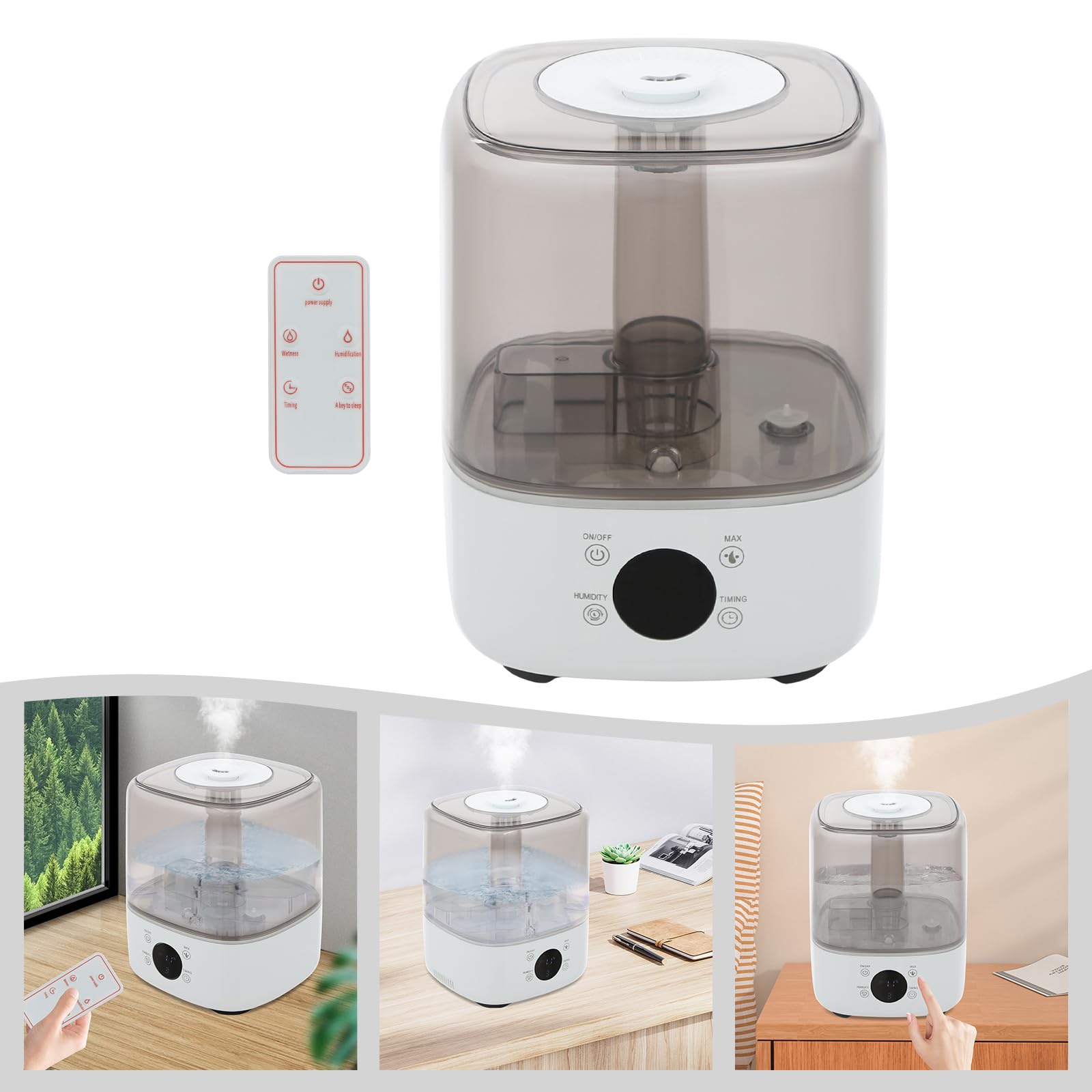 Humidificador de relleno superior, 5 l, humidificador inteligente para 107,64 – 538,2 ft², boquilla de rotación de 360 grados, regulación de 3 niveles, humidificador ultrasónico, para dormitorio