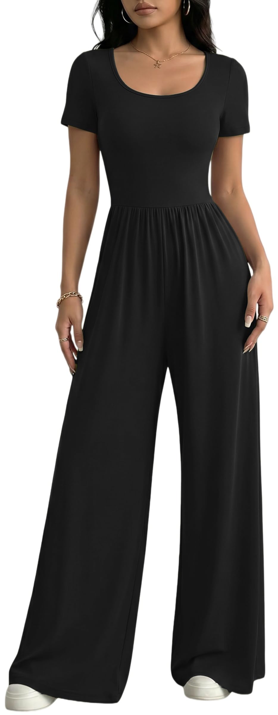 Tuta Intera Donna a Maniche Corte Scollo a U Estiva Casual Jumpsuit a Gamba Larga Palazzo a Vita Alta con Tasche Elegante Slim Fit Monopezzi e Tutine Basic Lungo Overall Elasticizzata Tute