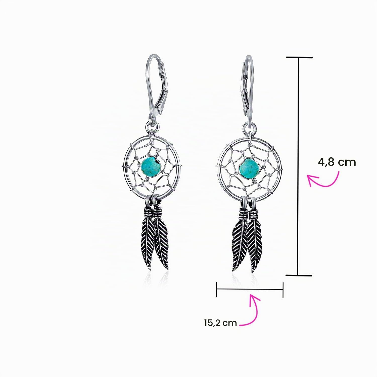 Blu Turchese Occidentale Gioielli Nativi Americani Indiani Dream Catcher Piuma Pendenti Goccia Orecchini Per Adolescente Donna .925 Argento