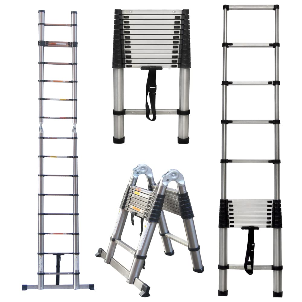 5m Teleskopleiter 2,5m+2,5m A Art Leiter Klappleiter Ausziehleiter Stehleiter Rutschfester, Teleskop-Design, aus Hochwertigem Rostfreier Stahl, 150 kg Belastbarkeit EN131-Zertifizierung