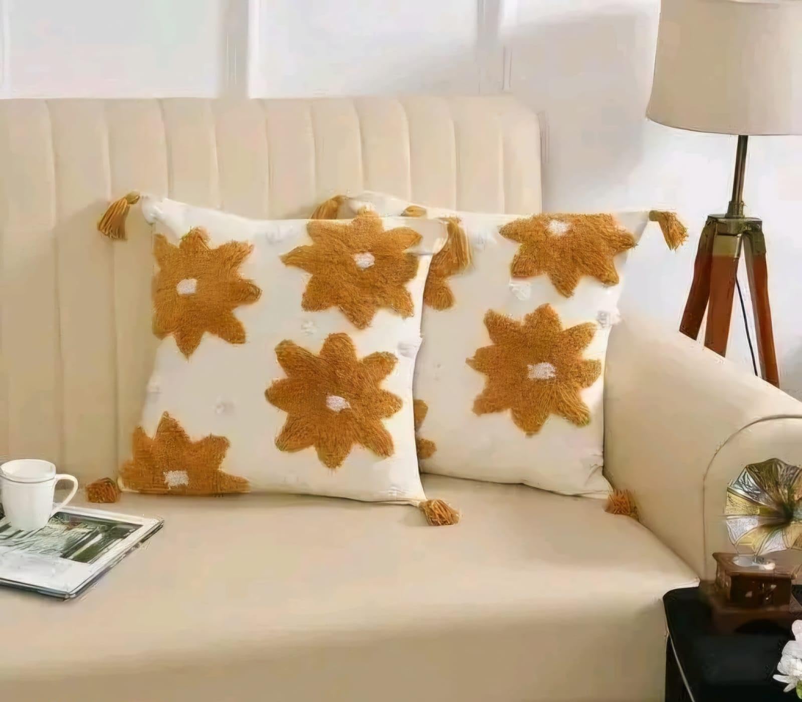 Tufted Cushion Cover Set of 2, Geometric Diamond Pattern, Cotton, Modern Style, Mustard and White, 45x45 cm, for Living Room (Pack of 2, Design 4)-image-3