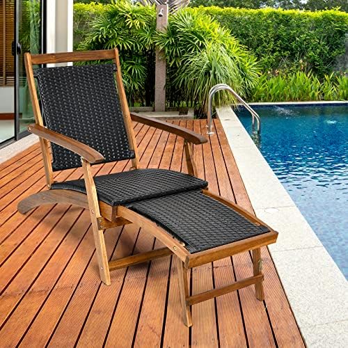 COSTWAY Folding Sun Lounger, Acacia Wood Rattan Deck Chair with Retractable Footrest, All-Weather Outdoor Chaise Lounge Patio Sunbed for Garden, Balcony and Poolside (Brown, without Wicker Side Table)