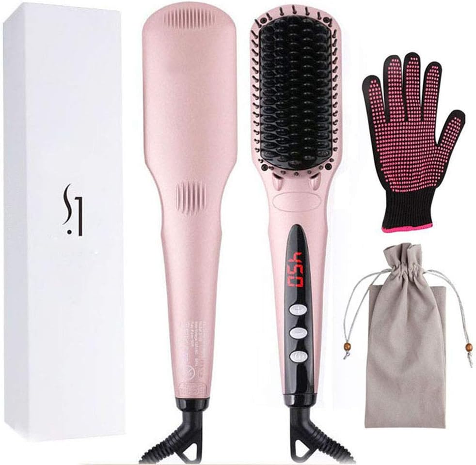 SalonChain Hair Straightening Brush 30s Instant Heat 60s Quick Styling Hair Straightener Anion Hair Care Anti Scald US Plug (Red)