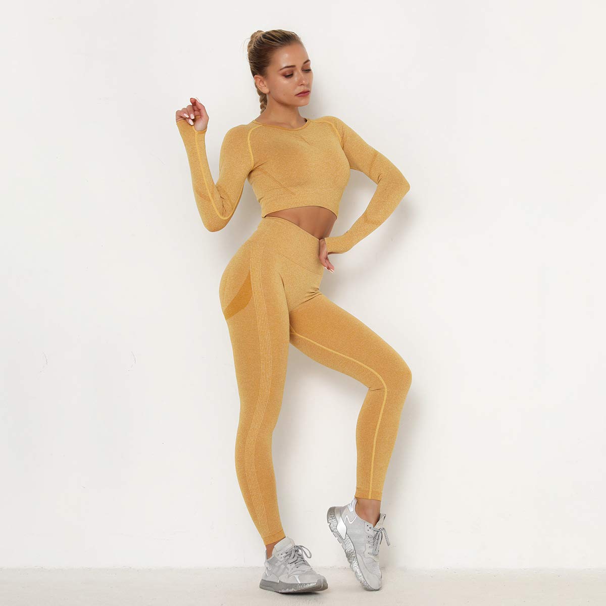 Seamless Yoga Suit Sweat-Absorbent Hip high Waist Fitness Tight Long Sleeve Sports Suit (Yellow,L)