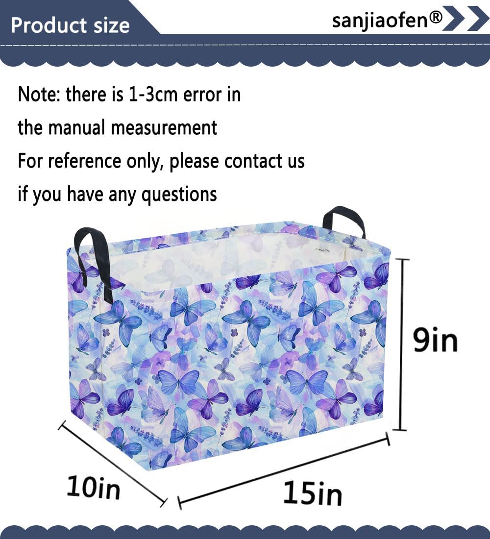 Rectangular Purple Butterfly Baskets,Foldable Waterproof Outdoor Purple Gift Basket with Handle,Baby Storage Basket,Girls Baskets,Butterfly Room Decor(Cute Butterfly)