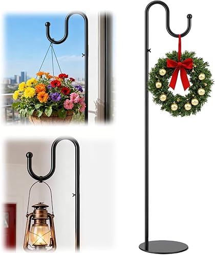 Soporte para plantas colgantes de alta resistencia de 76 pulgadas, gancho de pastor ajustable para comedero de pájaros, acero inoxidable con base