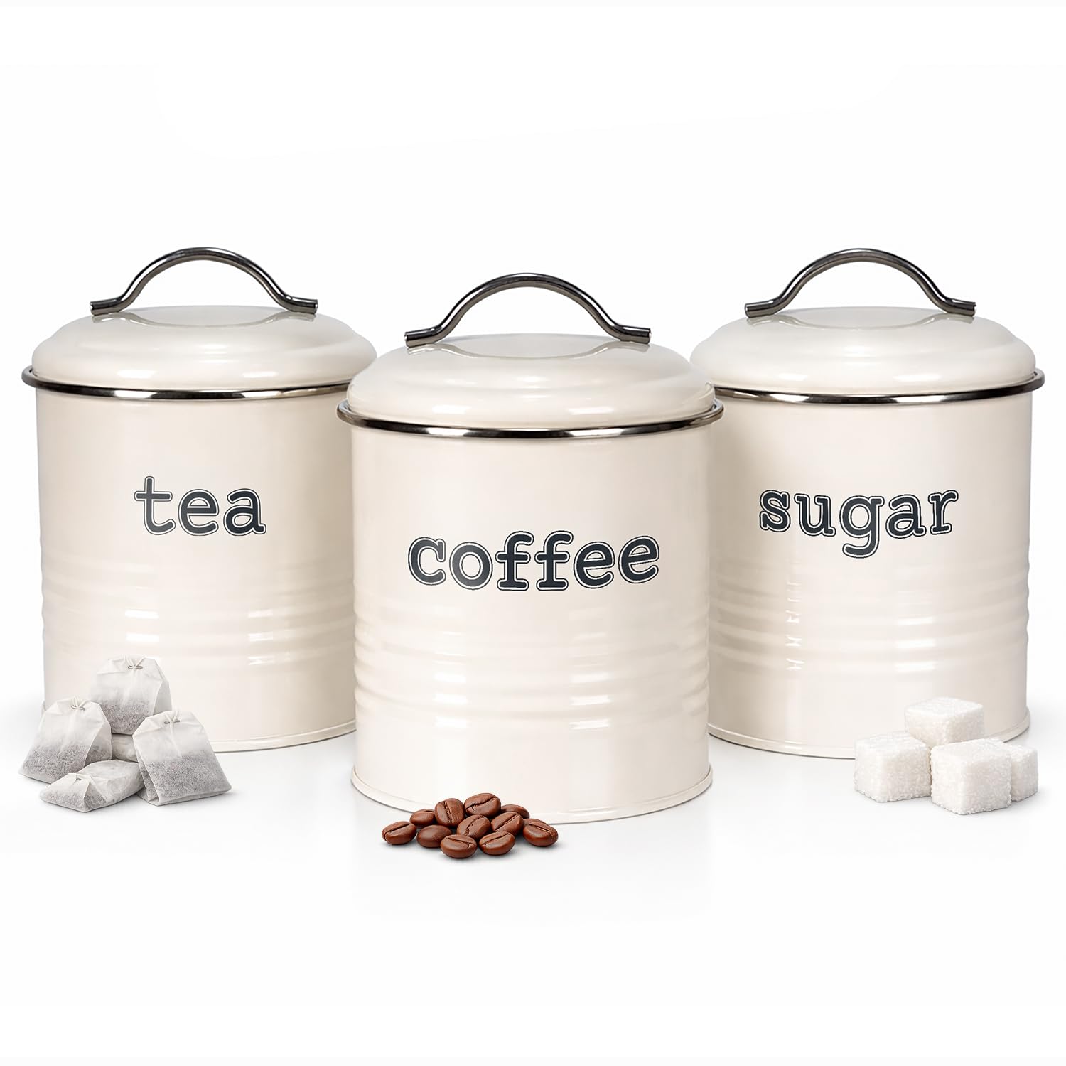 Winsome Cream Tea Coffee Sugar Canisters | 3-Piece Tea Coffee Sugar Canisters | Stackable Coffee Tea Sugar Set | Airtight Lids |Giftable For New Homeowners (Cream)