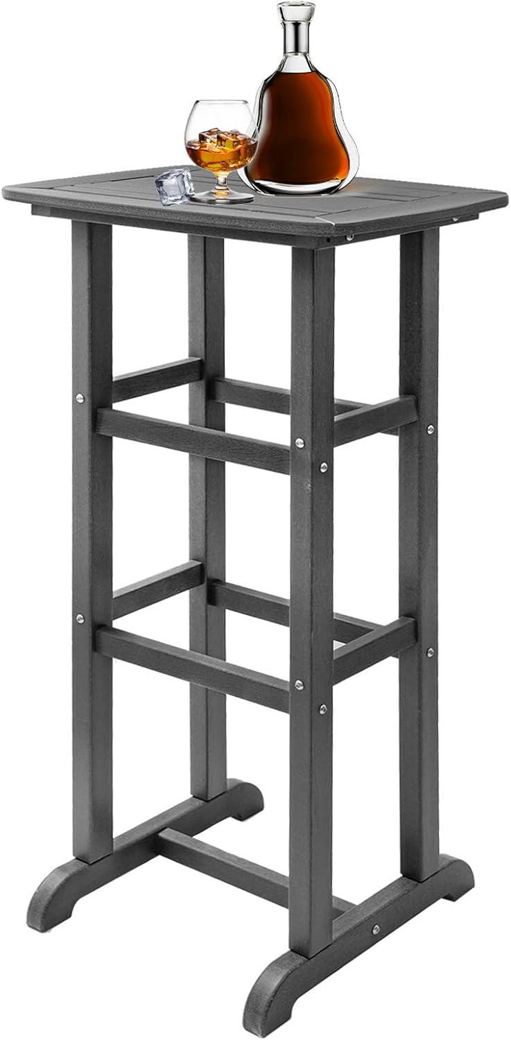 45" H Tall Outdoor Bar Table, HDPE Square Bar Height Patio Table, Weather Resistant High Top Bistro Table for Poolside Balcony Backyard, Grey