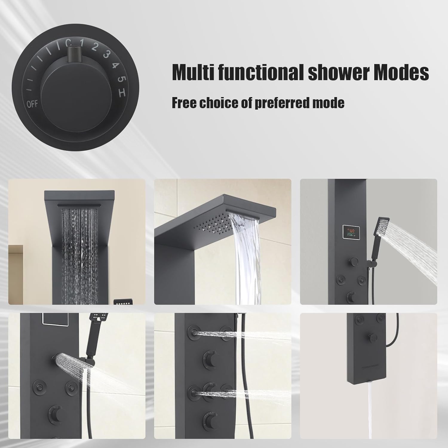 6-in-1 LED Shower Panel Tower System with 8 Adjustable Body Jets, Rainfall & Waterfall Shower, Smart Temperature Display, 59" Hose, Brushed Gold Stainless Steel, Wall Mounted (Black)