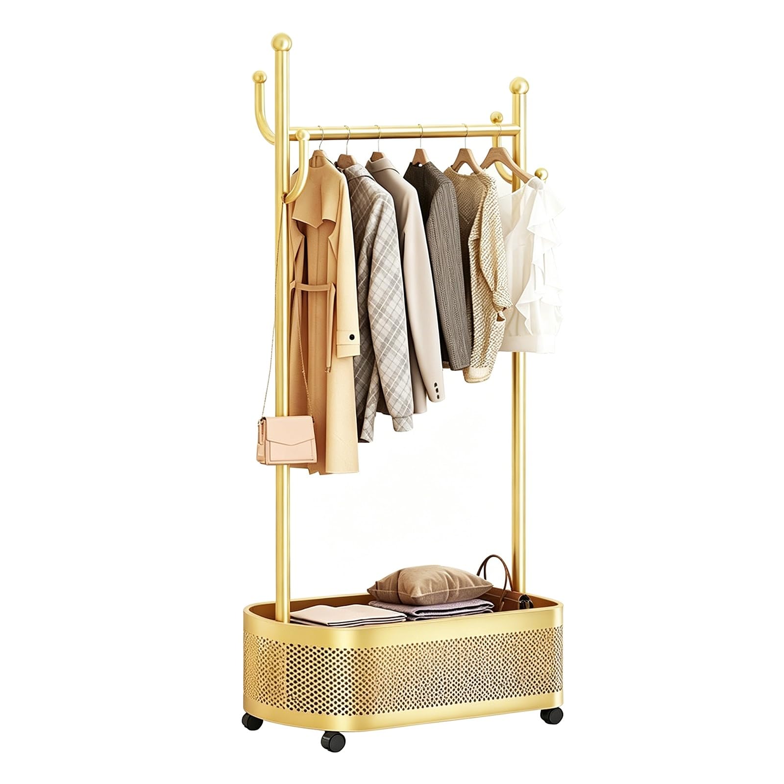 lyxamjrzyp Rolling Clothes Rack with Wheels, Portable Clothing Rack with Storage Basket, Garment Organizer for Bedroom Living Room Entryway Closet(Yellow,23.6in/60cm)