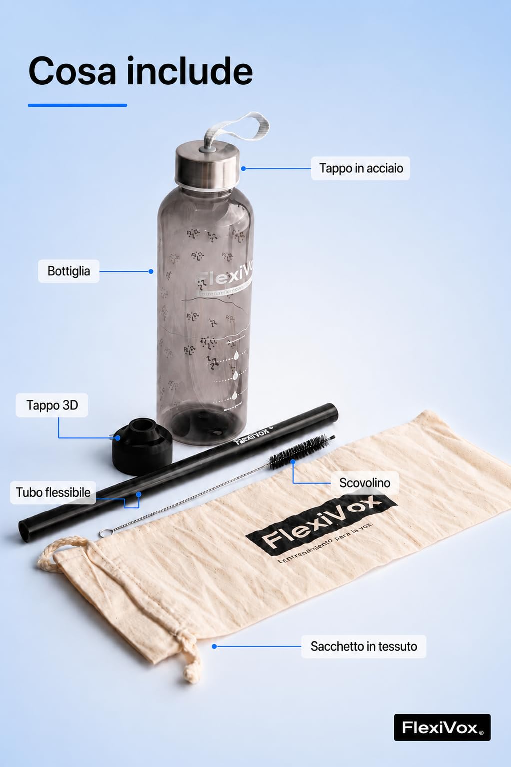 FlexiVox® compatibile con Metodo Lax Vox | Ideale per Allenamento Vocale SOVT | Cantanti, Logopedia e Terapia della Voce | Kit: Tubo, Bottiglia Graduata, Spazzola, Borsa ed eBook (Nero)