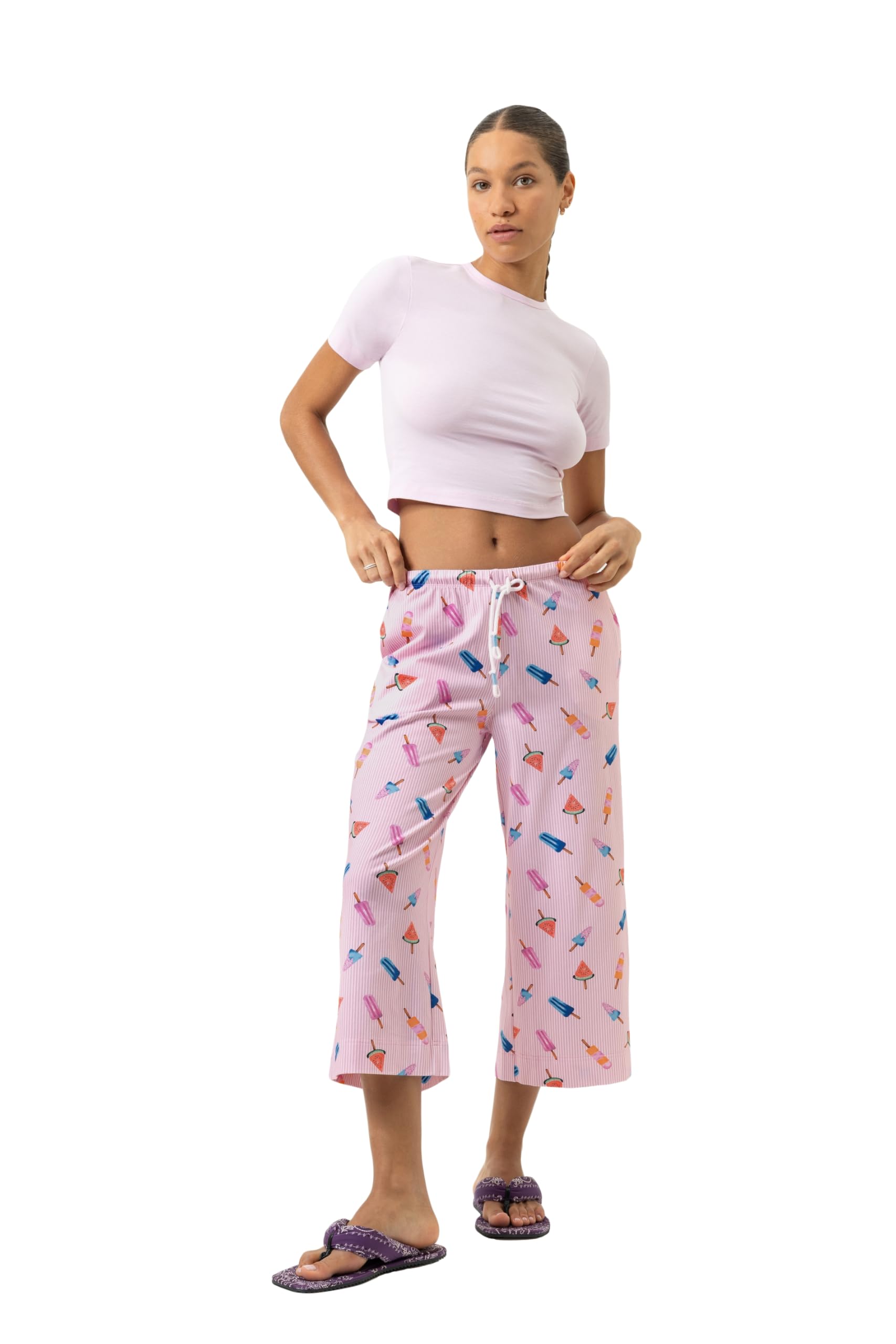 Mey Damen Culotte: Bequeme, lockere Passform, Leichte Single-Jersey-Qualität, Dünner Komfortbund mit Kordelzug, Seitliche Taschen, Allover-Print mit Eiscreme-Motiven, Serie Cooling Ice