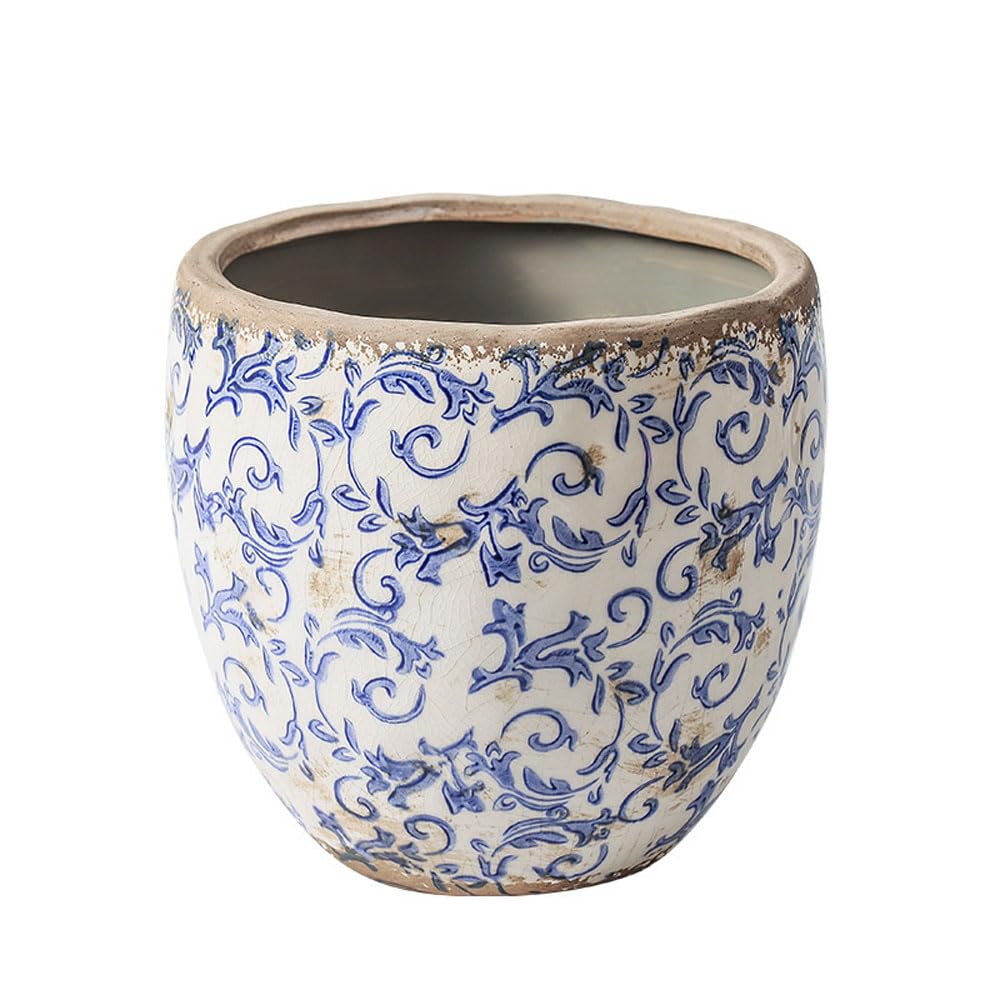 DFGHNBVC Chinoiserie Plant Pots Blue And White Flower Pot, Round Ceramic Planters For Indoor Plants Pots With Drainage Hole, Retro Planter Pot For Succulents Cactus Outdoor Garden,7.8