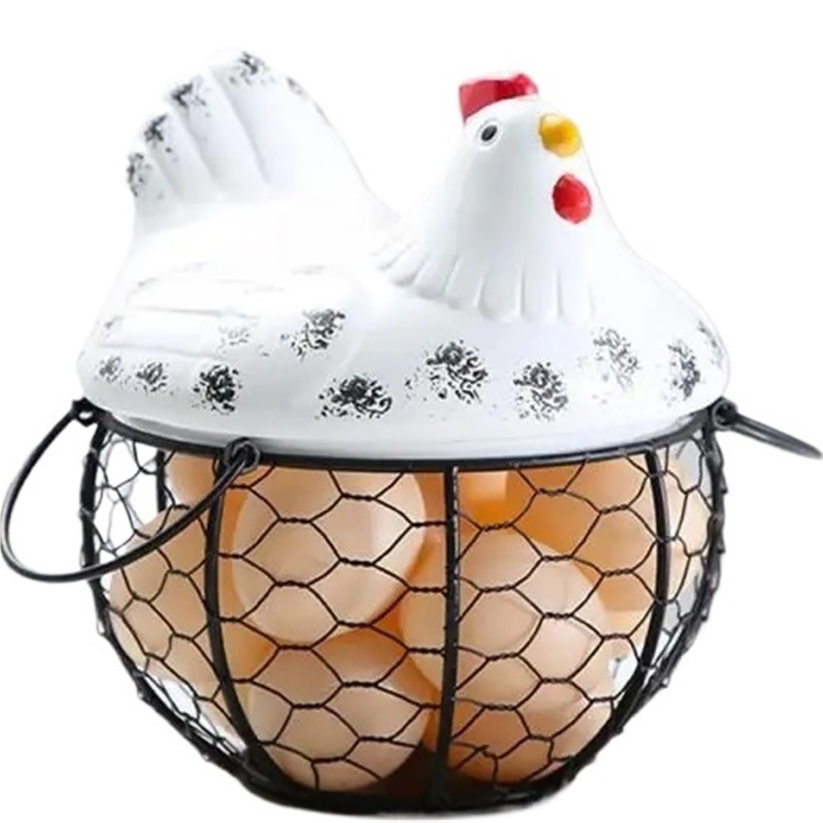 Yonmledo White Chicken Egg Holder Egg Holder Iron Chicken Shape Ceramic Hen Ornament Fruit Storage Basket(White)