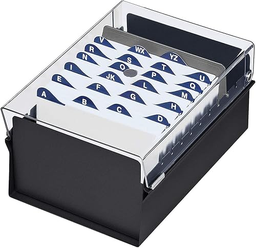 Acrimet Caja organizadora de archivos de 4 x 6 tarjetas, base de metal, resistente (tarjetas de índice AZ y divisor incluidos) (color negro con tapa