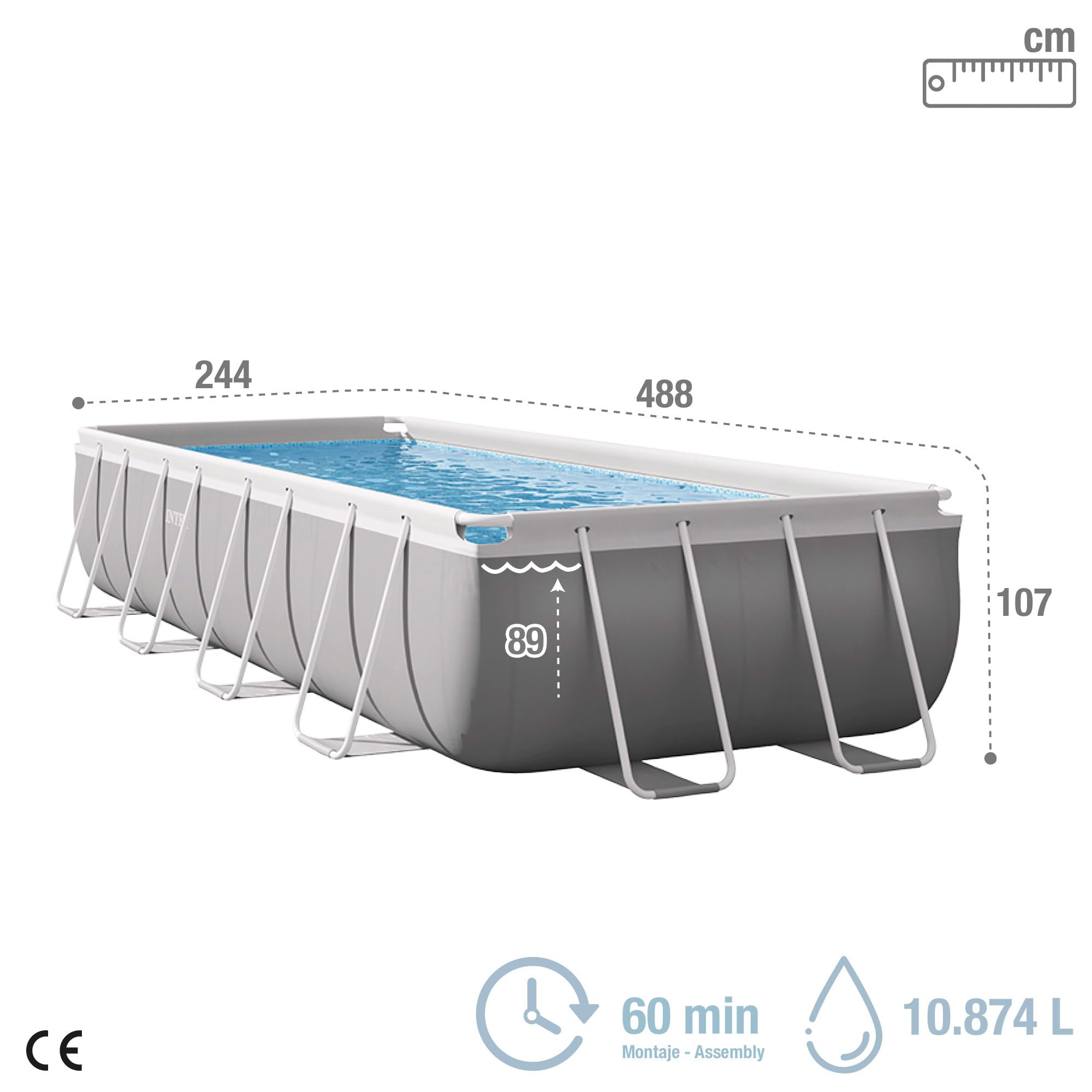 Intex 26792NP – Piscina Fuori Terra Prisma Frame Rettangolare, Pompa Filtro 3785 L/h, Scaletta, Telo Base e Copertura, 10874 L, Acciaio e PVC, Grigio, 488x244x107 cm