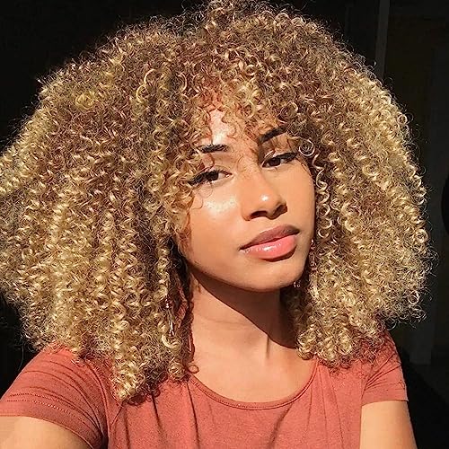 PORSMEER Perruque Femme Naturelle Afro Bouclée avec Frange Court afro kinky Cheveux Perruque Blonde brune mixte Synthétique Résistant à la chaleur...