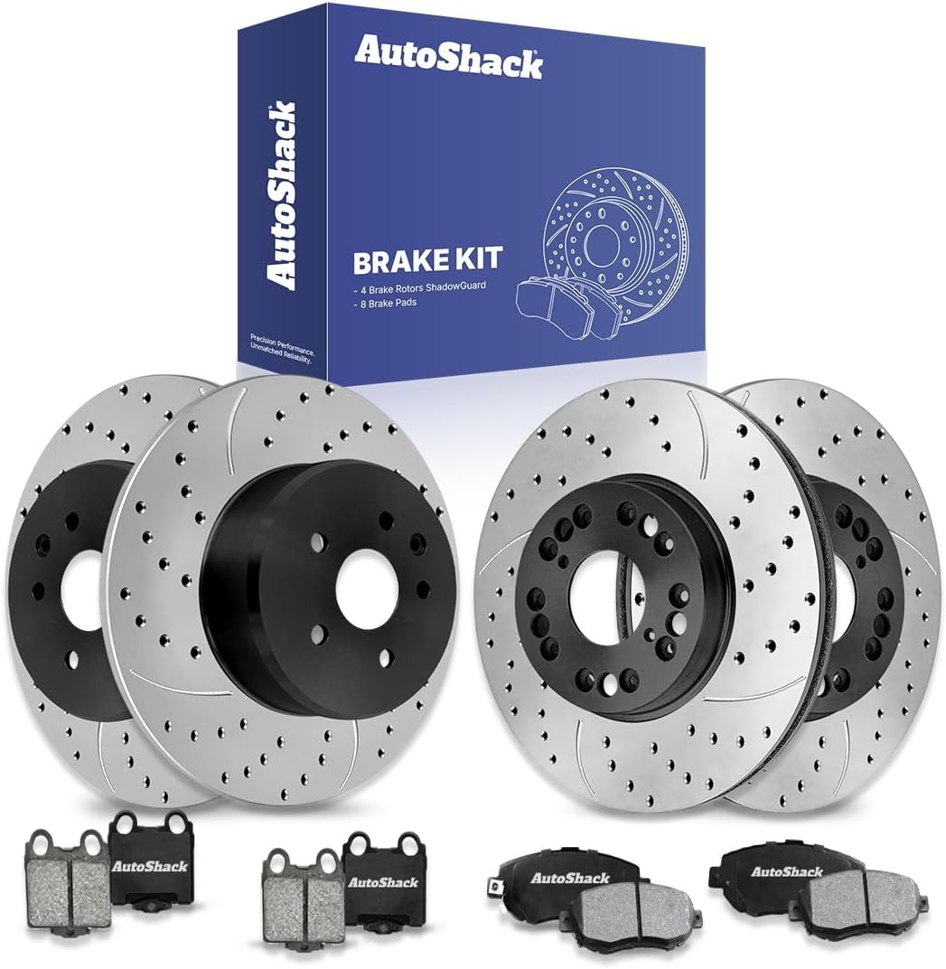 AutoShack Front Vented & Rear Solid Drilled & Slotted E-Coated Brake Rotors + Ceramic Pads 12-PC Brake Kit Replacement for 2002-2010 Lexus SC430 1998-2005 Lexus GS300 ShadowGuard