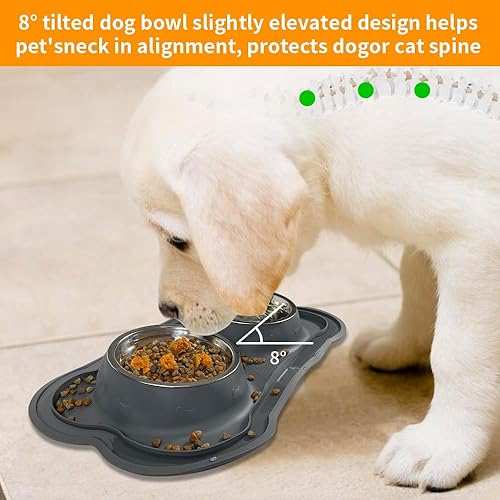 Miniatura 3 de Juego de cuencos de acero inoxidable para perros con alfombrilla de silicona, 100% impermeable, sin BPA, cuencos de comida para gatos y perros, sin