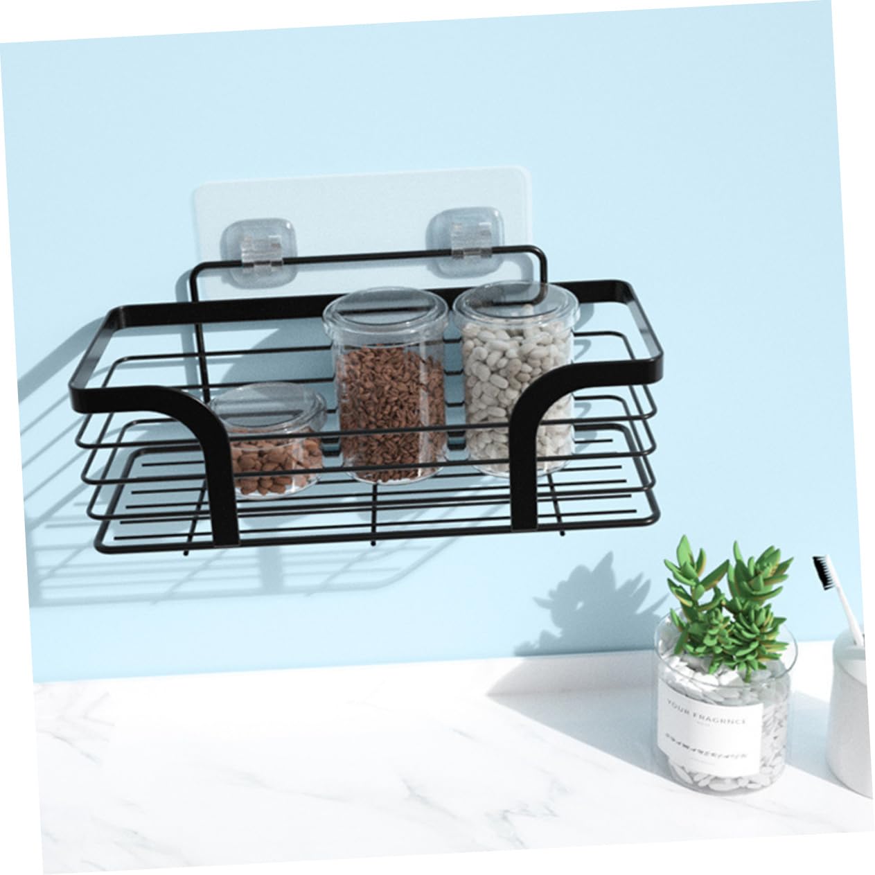 LIFKOME Estanteria Baño Ducha Adhesivo de Acero Inoxidable Negro, Instalación sin Taladro, Esquinas Redondeadas, Adecuado para Almacenamiento Baño y Ducha