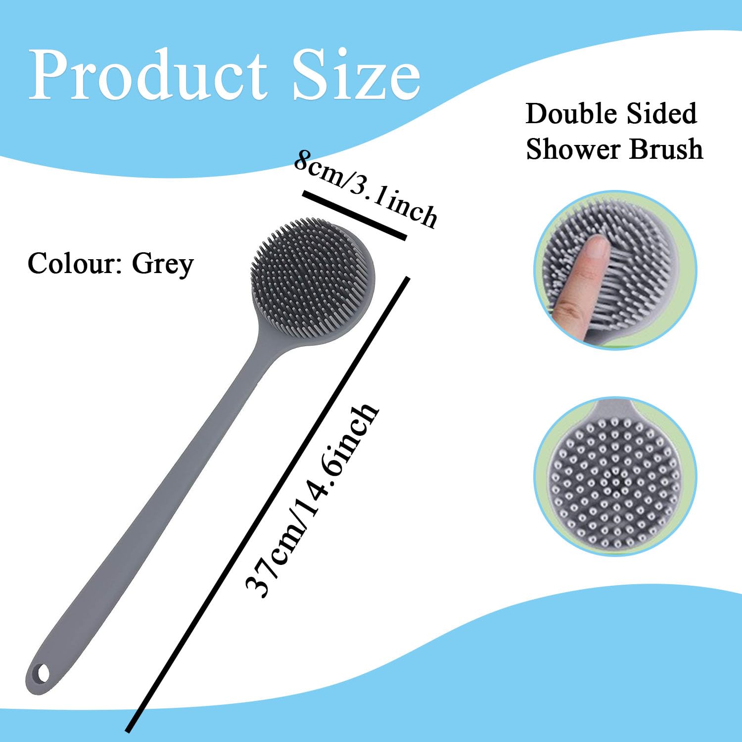 Silicone Body Scrubber for Shower with Long Handle Shower Brush for Exfoliating Skin Double Sided Shower Brush for Showers Exfoliating and Massage Long Handle Back Scrubber for Men Grey - Image 2