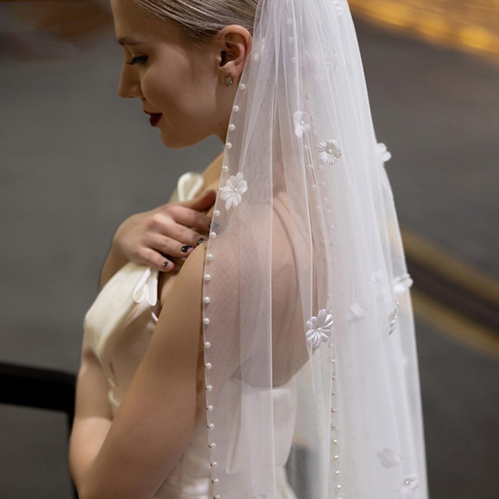 Romantischer Brautschleier mit Perlen, lang, U-Form, Kapellen, Zug, Schleier für Brautschmuck, Strand, Hochzeit, besondere Anlässe, Fotoshootings, künstliche Perlen, Hochzeit, Outdoor-Zubehör