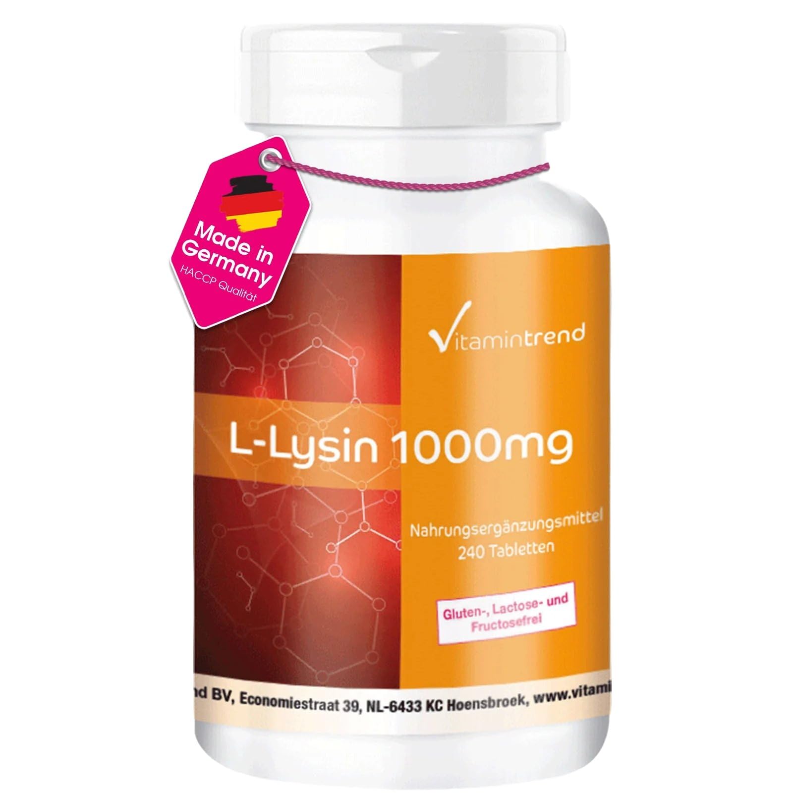 Vitamintrend L-Lysin 1000mg, 240 Tabletten, hochdosiert, Nahrungsergänzungsmittel vegan ohne Magnesiumstearat, in Deutschland hergestellt