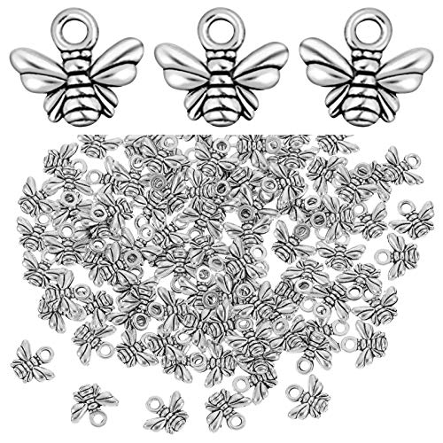 Opopark 100 Pieces Bee Charms, Antique Silver Bee Pendants Bulk for DIY Jewelry Making Findings Accessories Bracelet Necklace Keychain Crafts Supplies