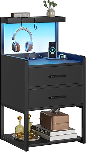 Miniatura 9 de VIAGDO Juego de 2 mesitas de noche con estación de carga, mesita de noche LED con 2 cajones, mesas de noche modernas negras con estantes de