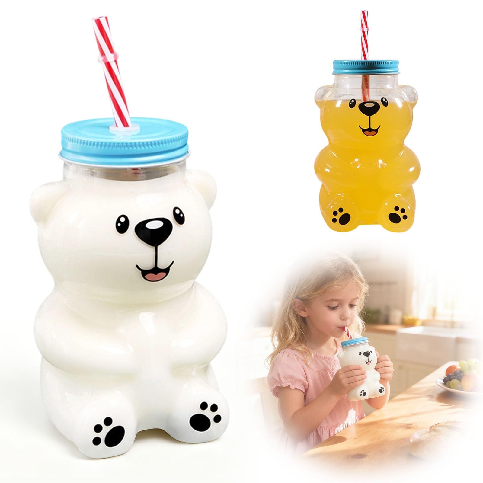 Bear Glass Cup, Cute 20oz Bear Straw Cup with Lid, Reusable Party Mug for Iced Coffee, Milk Tea, Hot/Cold Drinks, Home & Office Use (Blue)