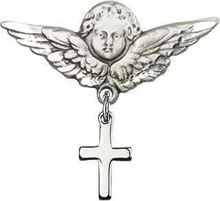 Sterling Silver Baby Badge with Cross Charm and Angel w/Wings Badge Pin 1 X 1 1/8 inches
