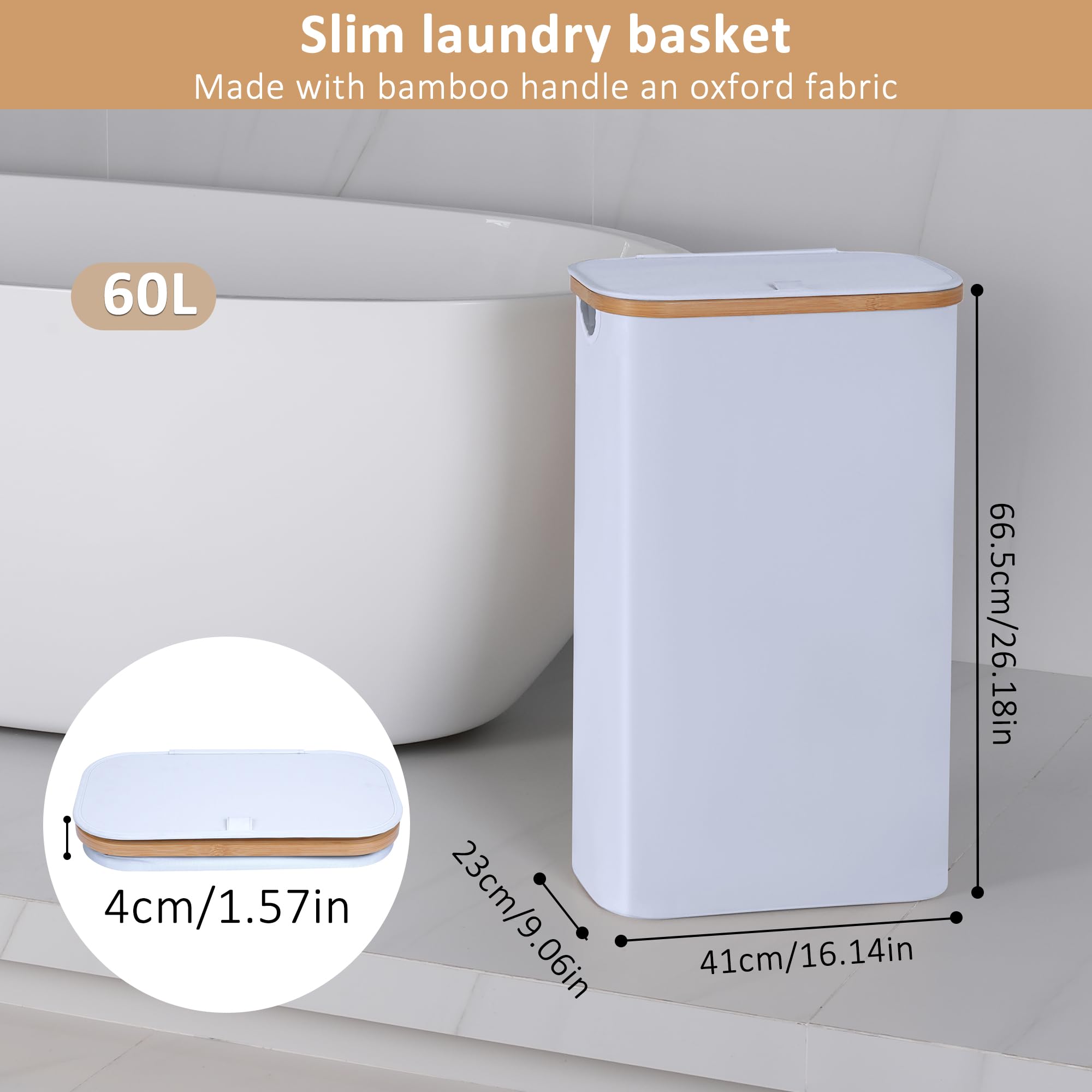 iEGrow Washing Basket for Laundry 60L Slim Laundry Basket with Removable Inner Bag, Bamboo Handles, White - Image 2