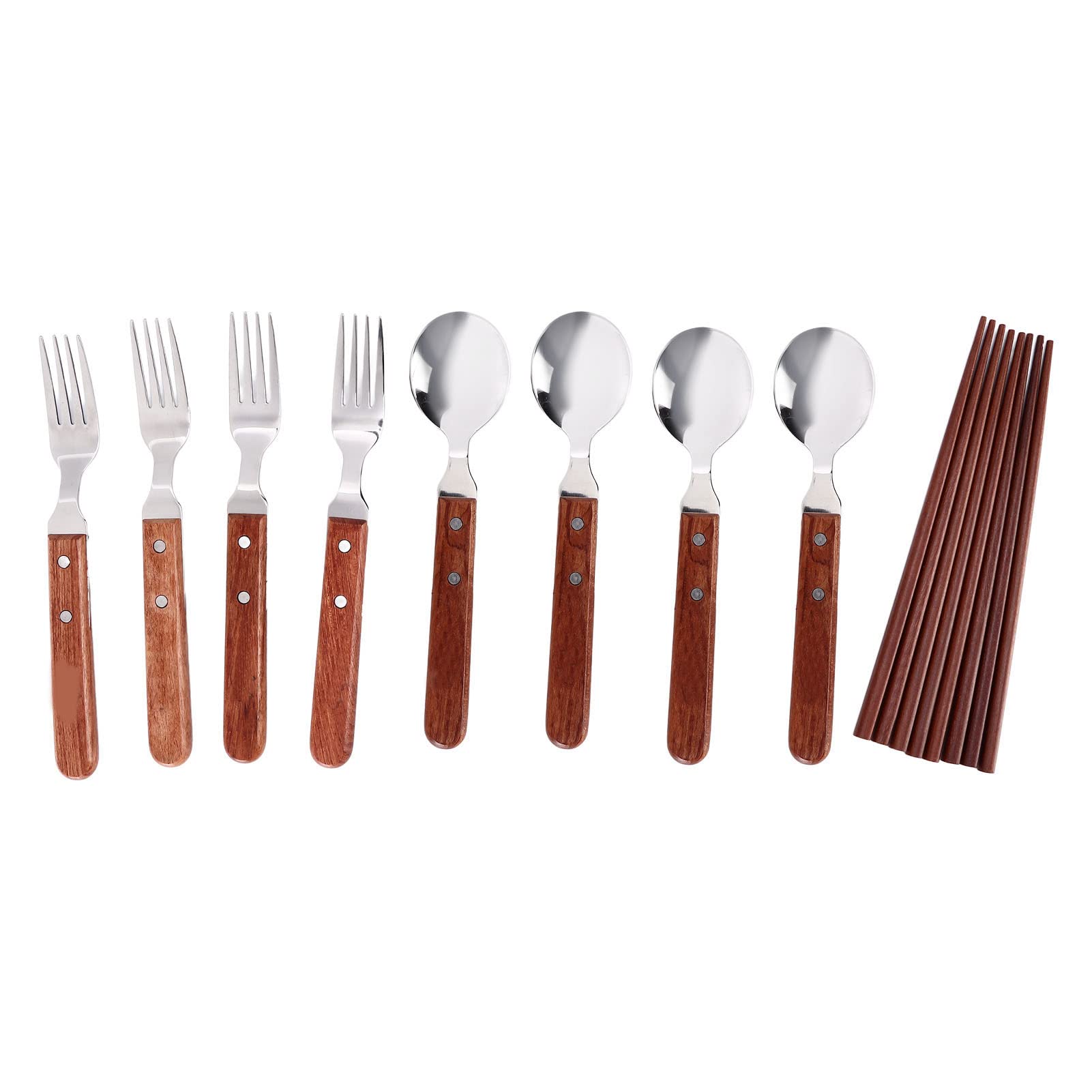 12-teiliges Edelstahl-Geschirrset mit Holzgriff für den Außenbereich, 4-Personen-Essbesteckset mit Löffeln, Gabeln, Essstäbchen und Tragetasche für Grillen, Camping, Picknick
