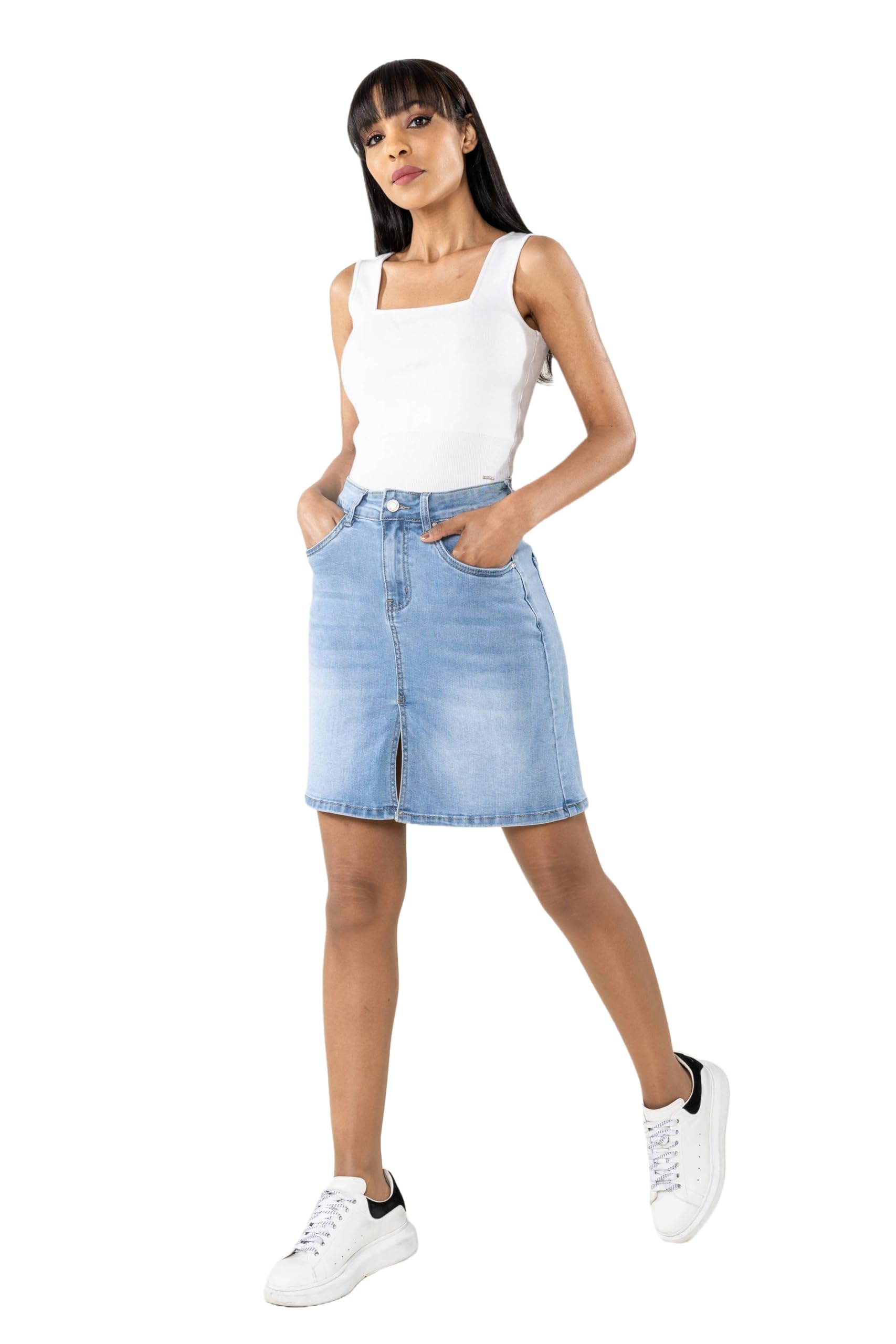 Nina Carter P213 Jupe courte en jean pour femme avec fente avant et fermeture éclair Aspect usé