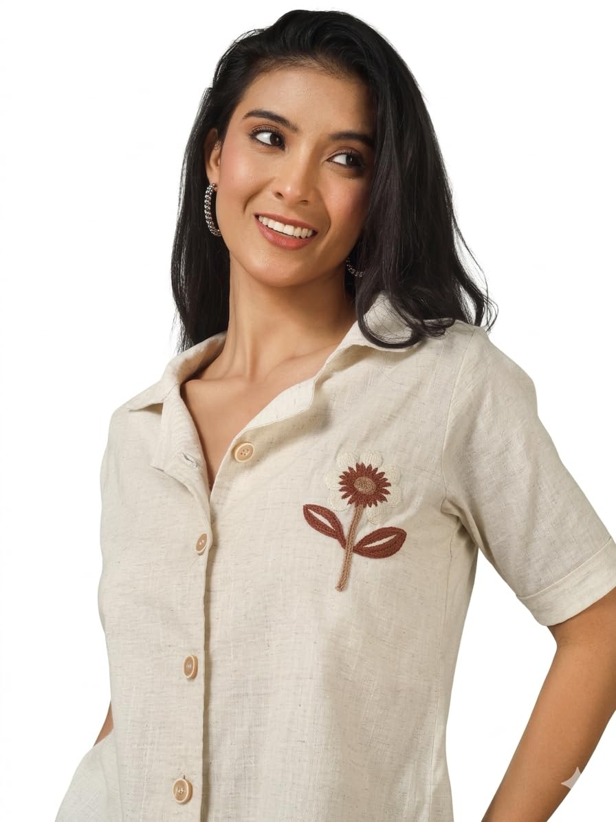 lavozia Women Beige Floral Embroidered Linen Blend Casual Shirt | Short Sleeve Button Down Summer Top for Women-picture-25