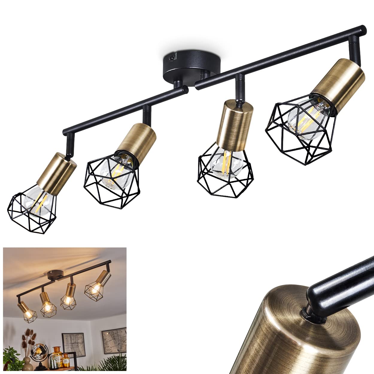Lampada A Soffitto Baripada 3 Luci Metallo Nero/Rame - Design Moderno Con Paralume A Traliccio, E14 - copertina