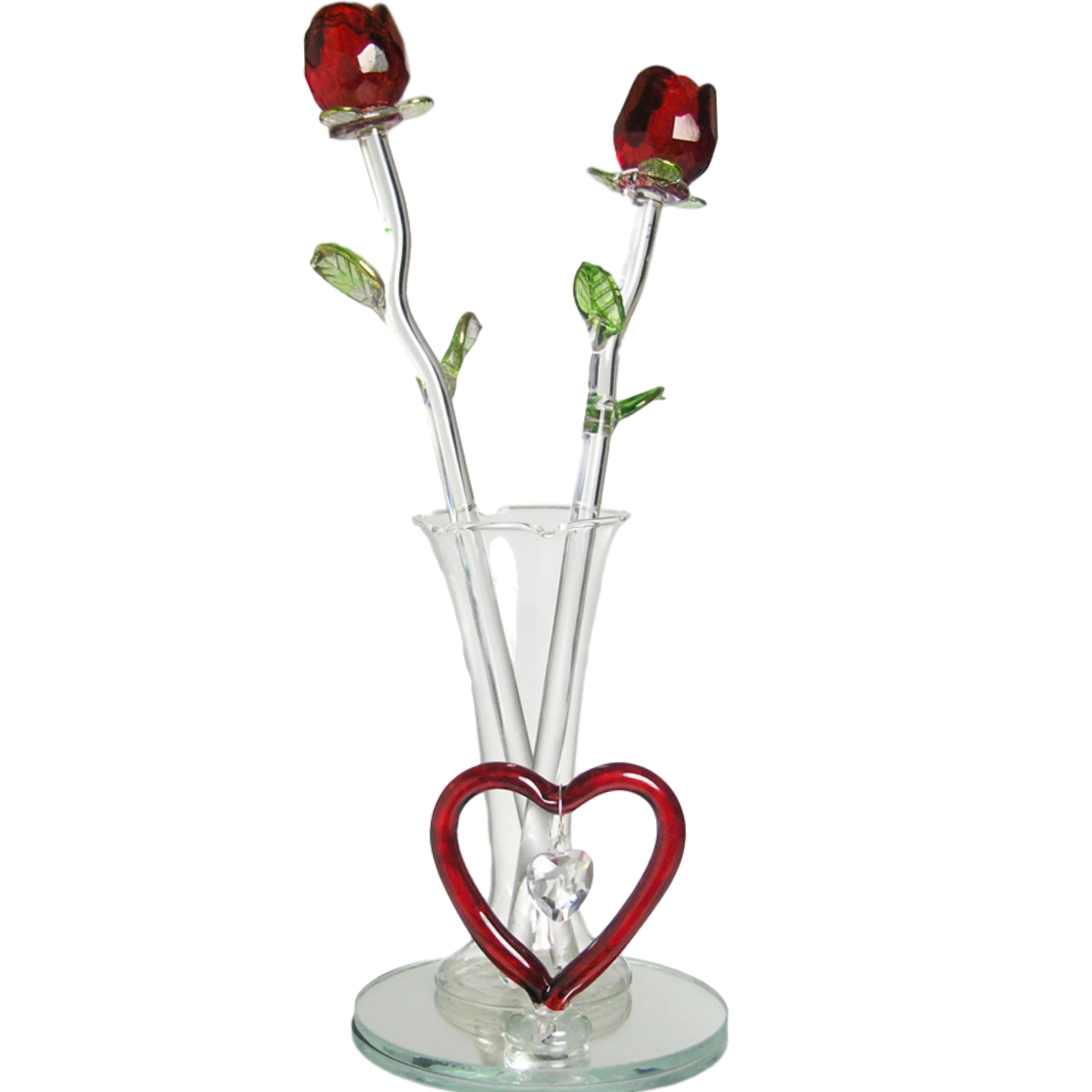 Crystal Red Roses in a Heart Decorative Flower Vase - Forever Roses with a Red Heart on The Vase - Set of 2 - Valentine's Day Gift Idea - Flowers for Her - 8" H
