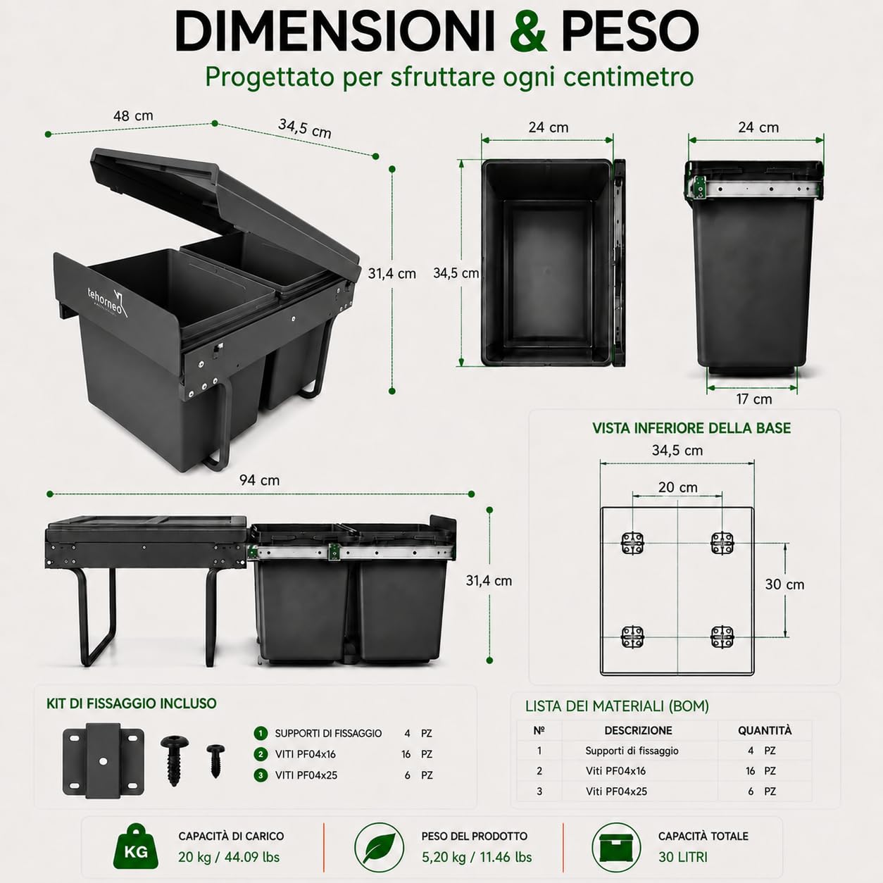 TEHORNEO Pattumiera Sottolavello, Pattumiera Estraibile Sottolavello 2X15 L Acciaio e Plastica, Pattumiera Sottolavello Estraibile, Secchio Spazzatura Sottolavello, Bidoni Sotto Lavello Cucina