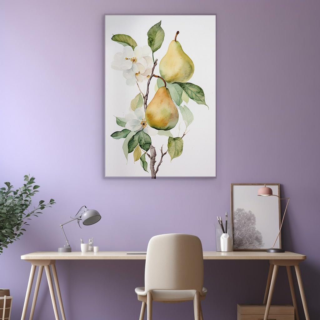 Canvas for Living room. Pears in Harmony: Nature's Palette of Green and Yellow Against a Blossoming Backdrop, 27 x 18 inch Canvas Wall Art - Beach Sunsets And Sunrises - Modern Home Decor
