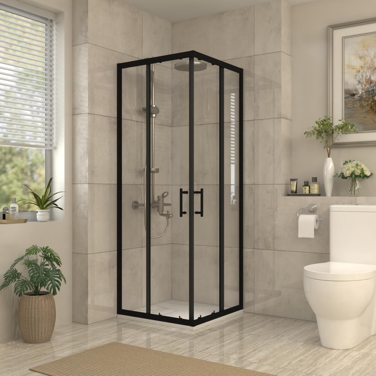 Aquariss 700X700mm Black Framed Sliding Doors Corner Entry Square Shower Enclosure 6Mm Tempered Glass Screen Cubicle