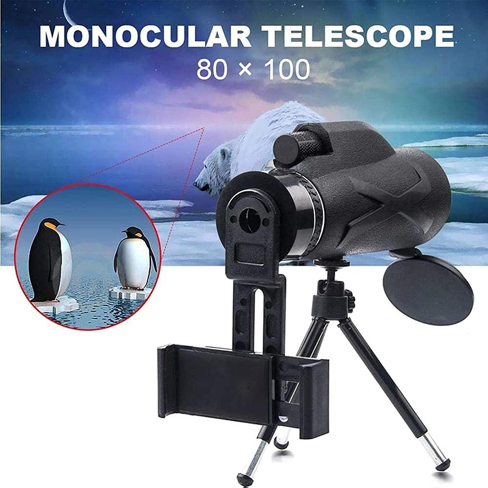 Monoculaire Longue Vue Puissante 80X100 Prisme Telescope AVCE Trepied Et Support de Téléphone Portable Compact Étanche pour L'observation des Oiseaux Les Voyages