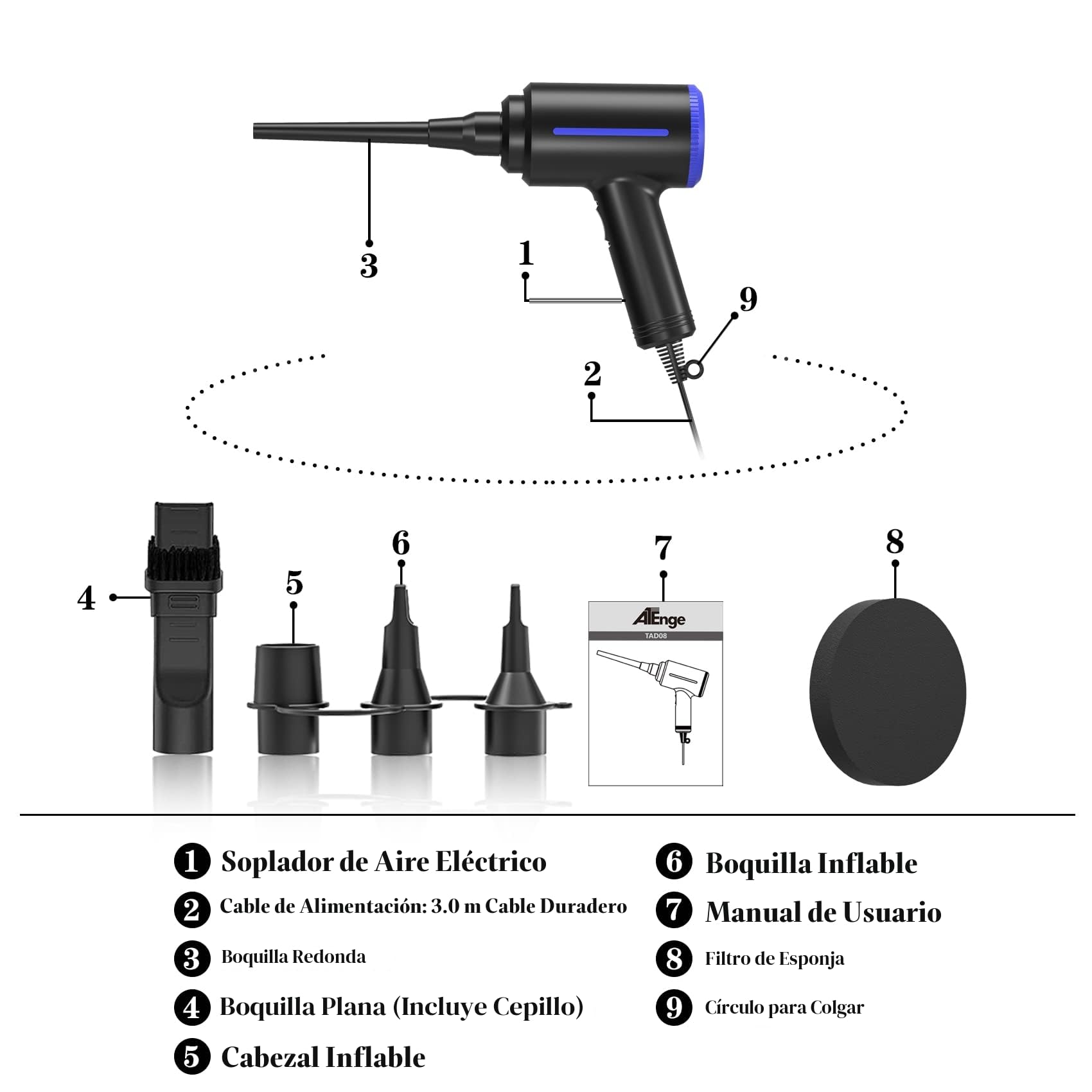 ATEngeus Soplador de Polvo Eléctrico, Soplador de Aire pc para limpieza de teclado de computadora, 2 velocidades Soplador Aire, Reutilizable reemplaza latas de Aire Comprimido