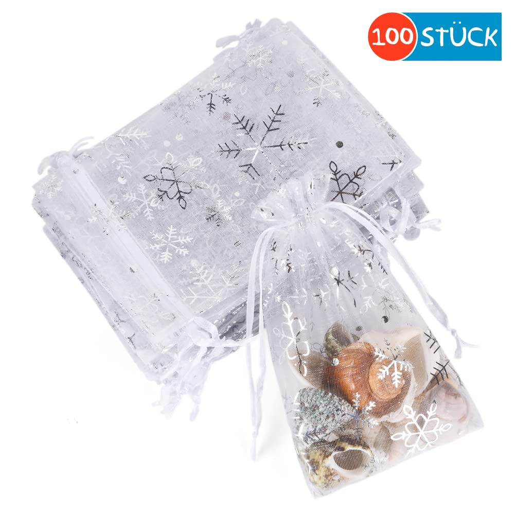Organza-Beutel Mit Schneeflocken, 10x15 Cm, 100 Stück – Weiß, Mit Zugband, Für Geschenke & Schmuck