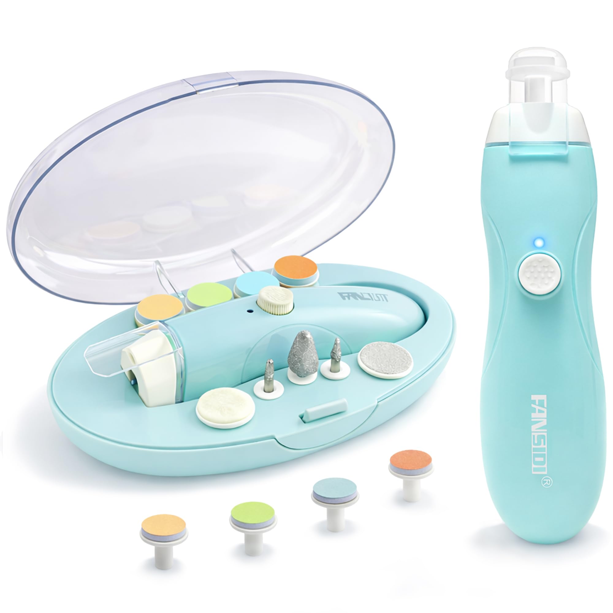 FANSIDI Rechargeable Baby Nail File, Electric Baby Nail Trimmer for Newborn Infant or Toddler Toenail and Fingernail - Girls and Boys Accessory - Extra Replacement Pads Included (Blue)
