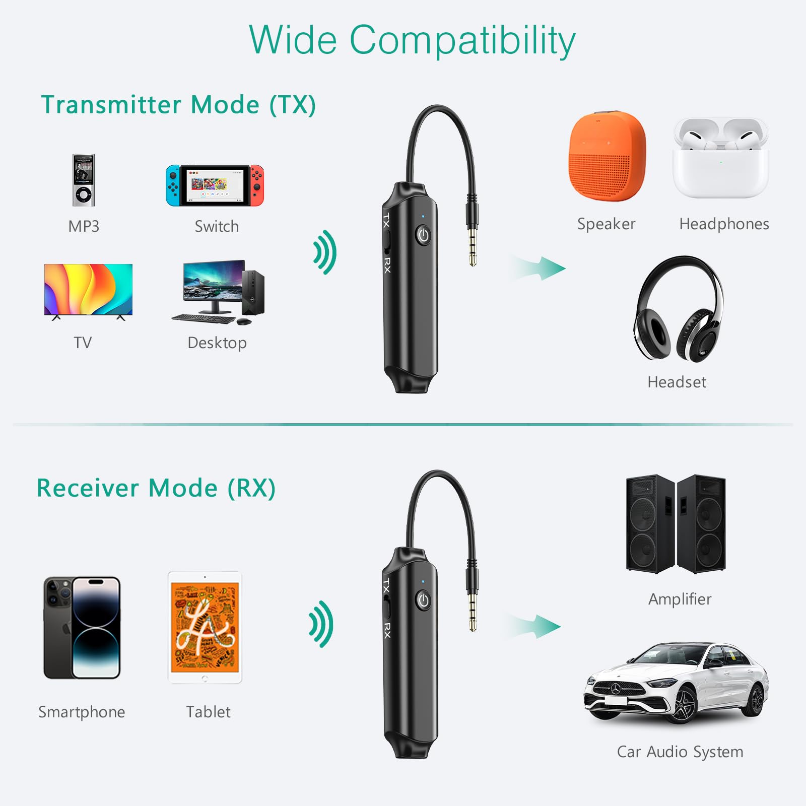ORIA Bluetooth 5.0 AUX Adapter - 2-in-1 Audio Receiver Für Auto & Heim